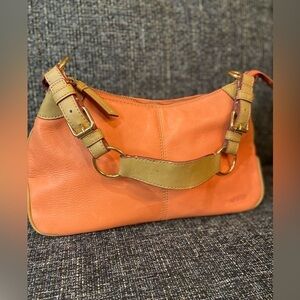Stone & Co.~Peach & Tan Faux Leather Crescent Shaped Handbag~Adjustable Strap